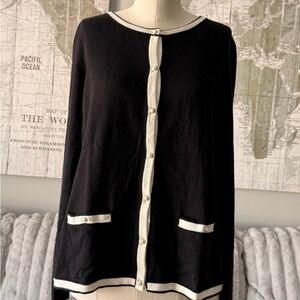 Talbots Women's Black Cream Trim pearl Button Front Cardigan Sweater Size L